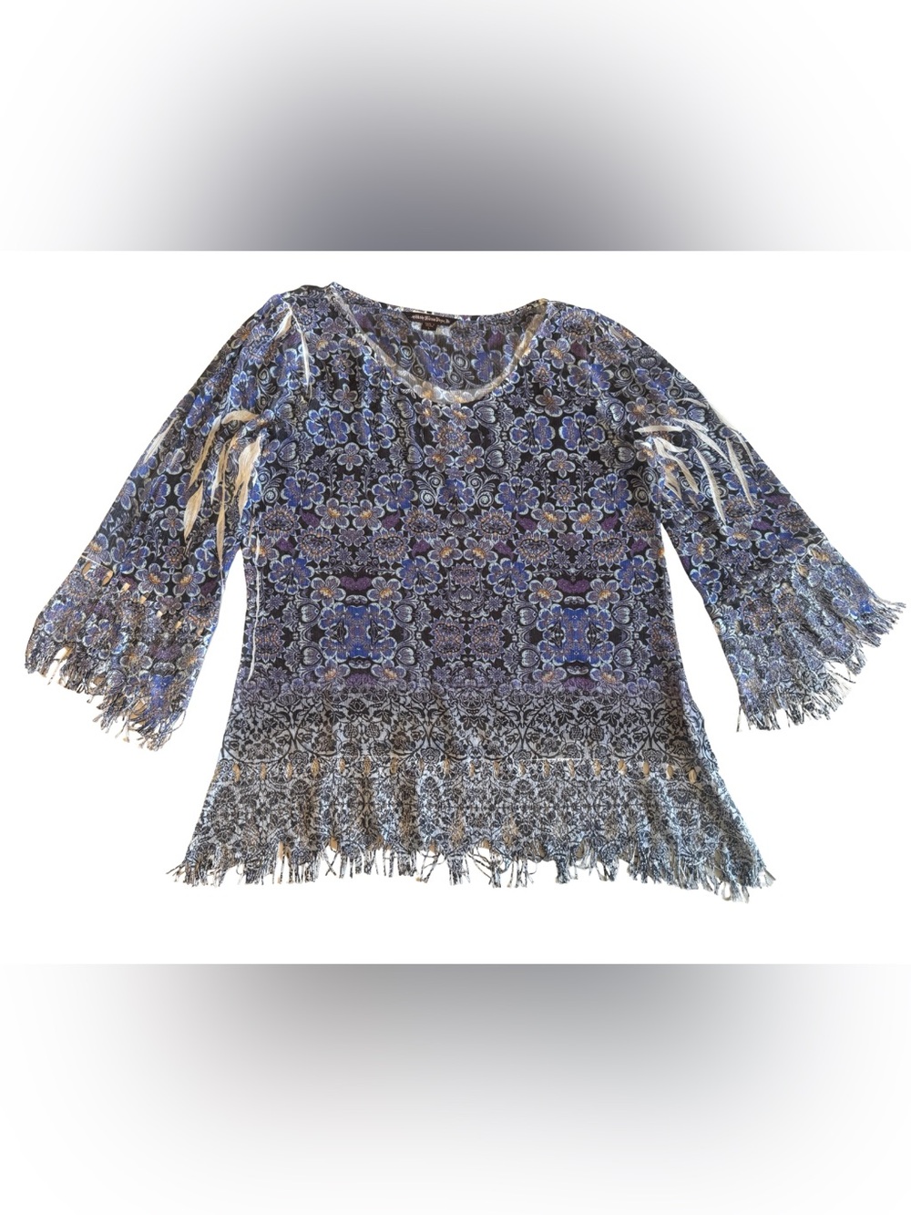 Mushka Sienna Rose Women’s Large Blue Floral Boho Fringe Hem Blouse Top L